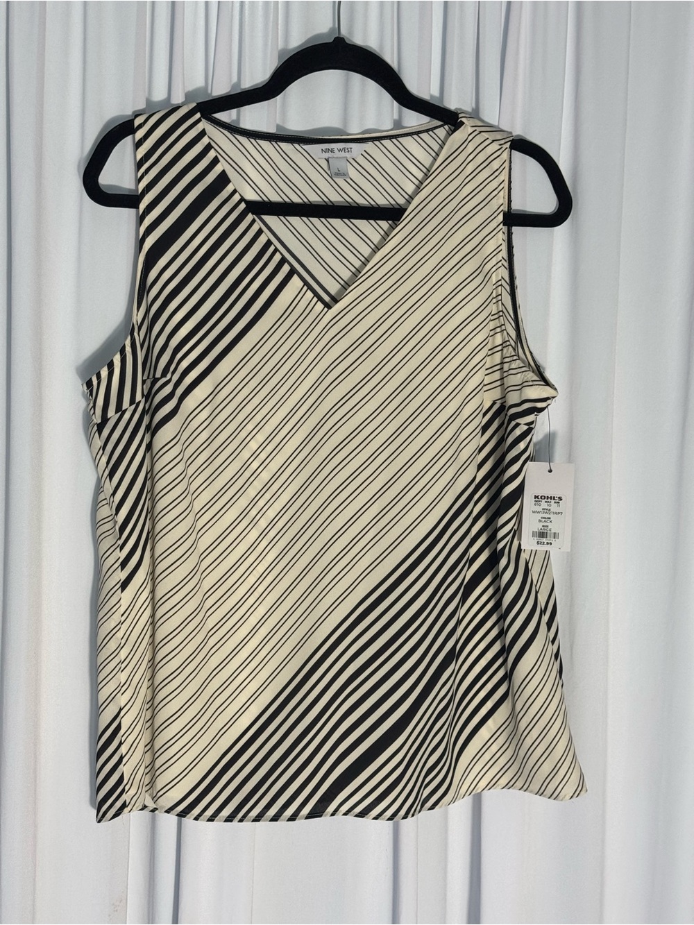Nine West Black and Cream Diagonal Stripe V-Neck Tank